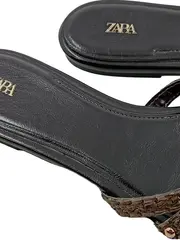 Vorschaubild 3 von Damen Riemchen Sandalen Gr. 37 Schwarz Geflochten Nieten Slip-On
