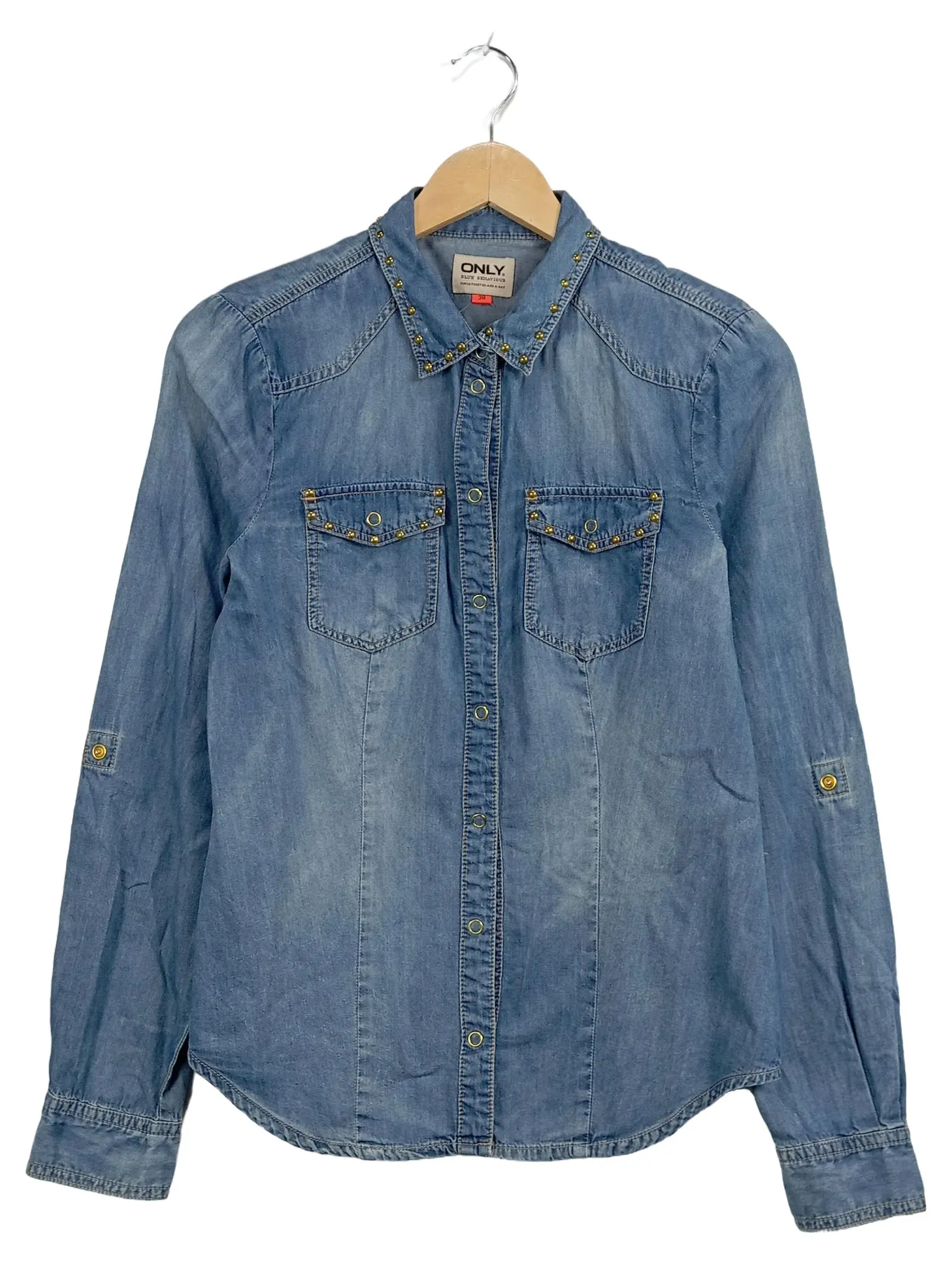 ONLY Hemdbluse Damen Gr. 38 M Blau Baumwolle Langarm Nieten Knopfleiste Casual
