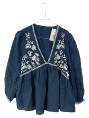 Vorschaubild 1 von Damen Bluse Gr. 38 Blau Weiß Blumen Stickerei Boho Tunika