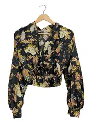 Vorschaubild 1 von Damen Bluse XS Blumenmuster Wickeloptik Langarm Schwarz Floral
