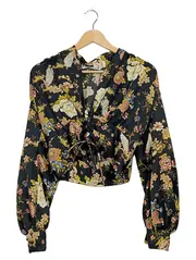 Vorschaubild 2 von Damen Bluse XS Blumenmuster Wickeloptik Langarm Schwarz Floral