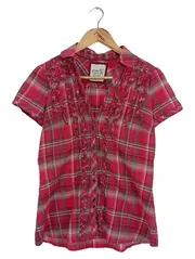 Vorschaubild 1 von Damen Hemdbluse Gr. 36 S Rot Kariert Casual Kurzarm Bluse Rüschen