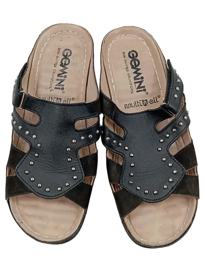 GEMINI Damen Pantoletten 38 Schwarz Casual Leder Nieten Slip-On