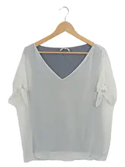 Vorschaubild 1 von Damen T-Shirt Gr. 40/L Weiß Casual V-Ausschnitt Schleifenärmel