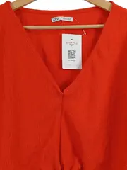 Vorschaubild 4 von Damen T-Shirt Gr. S Orange Kurzarm Raffung V-Ausschnitt