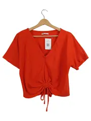 Vorschaubild 2 von Damen T-Shirt Gr. S Orange Kurzarm Raffung V-Ausschnitt