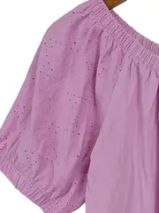 Vorschaubild 3 von Damen Bluse Pink Gr. 38/M Kurzarm Lochmuster Rüschen Baumwolle