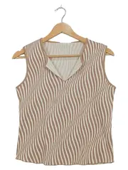 Vorschaubild 1 von Damen Top Gr. L Beige Braun Wellenstreifen Ärmellos V-Ausschnitt