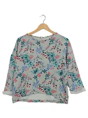 Vorschaubild 1 von Damen Pullover Blumenmuster Grau Gr. S 36 Floral Baumwolle