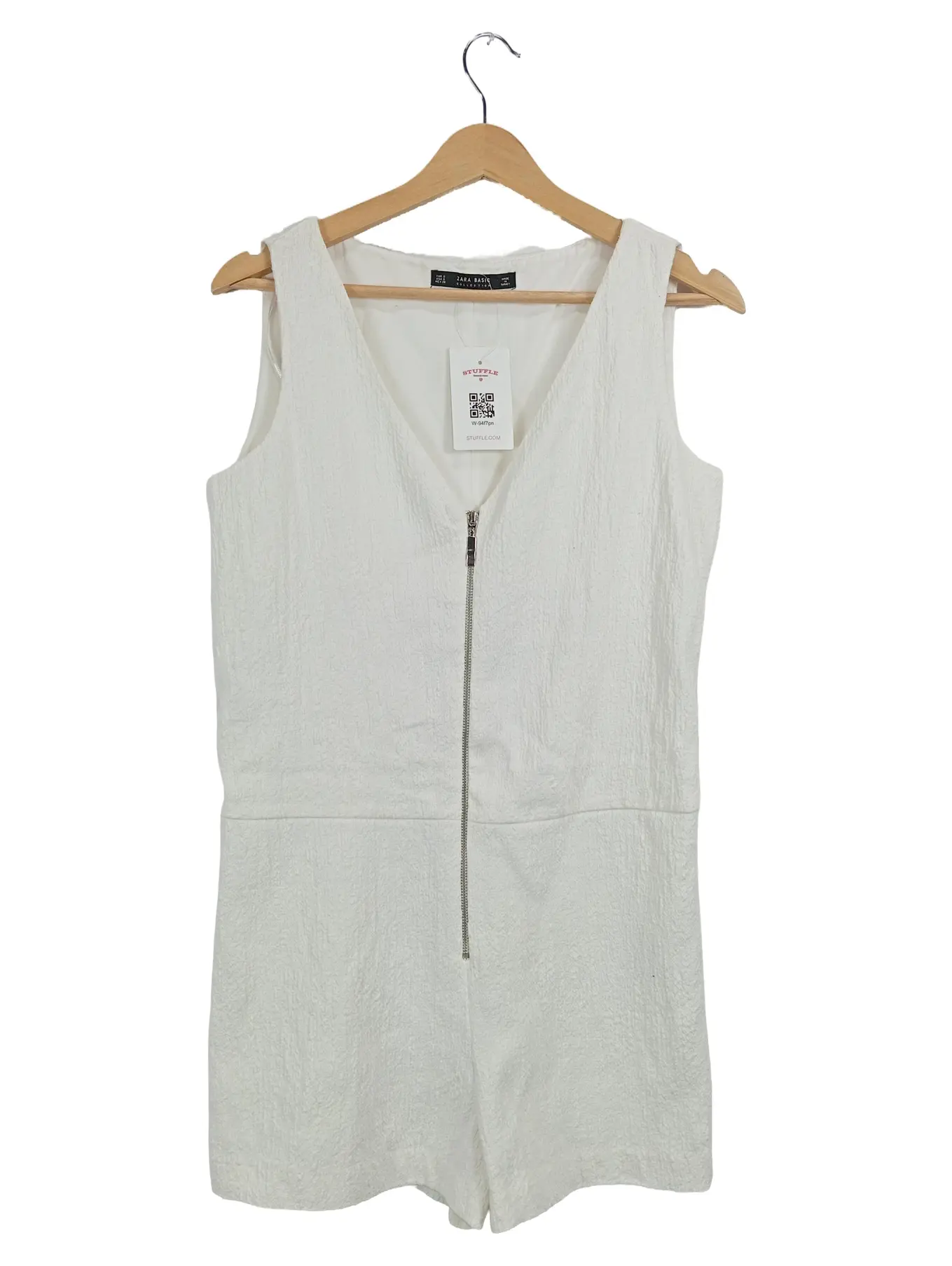 ZARA Jumpsuit Damen Kurz Playsuit Strukturmuster Weiß Baumwolle Gr. 36 S