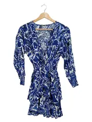 Vorschaubild 2 von Wickelkleid Damen Gr. S Blau Weiß Boho Rüschen Langarm