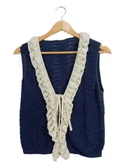 Vorschaubild 1 von Damen Pullunder Strickweste Rüschen Gr. 38 Blau Lochmuster