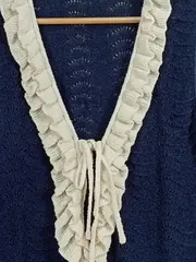Vorschaubild 2 von Damen Pullunder Strickweste Rüschen Gr. 38 Blau Lochmuster
