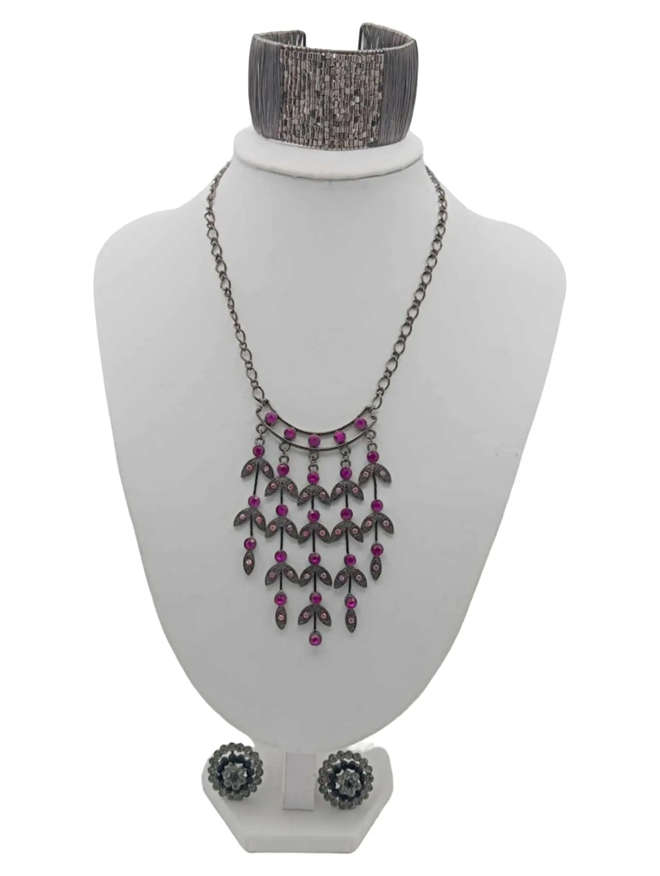 MARKENLOS Damen Schmuckset 3-teilig Halskette Armreif Ohrringe Silber Blatt Strass