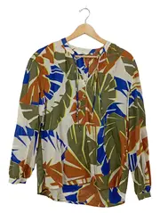 Vorschaubild 1 von Damen Langarmshirt Bluse Gr. 38 Tropisch Mehrfarbig V-Ausschnitt