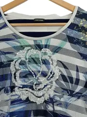 Vorschaubild 3 von Damen T-Shirt Gr. 40 Blau Weiß Streifen Pailletten Blumen
