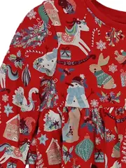 Vorschaubild 2 von Mädchen Kleid Gr. 110 Weihnachten Langarm Rot Tiermotive Baumwolle