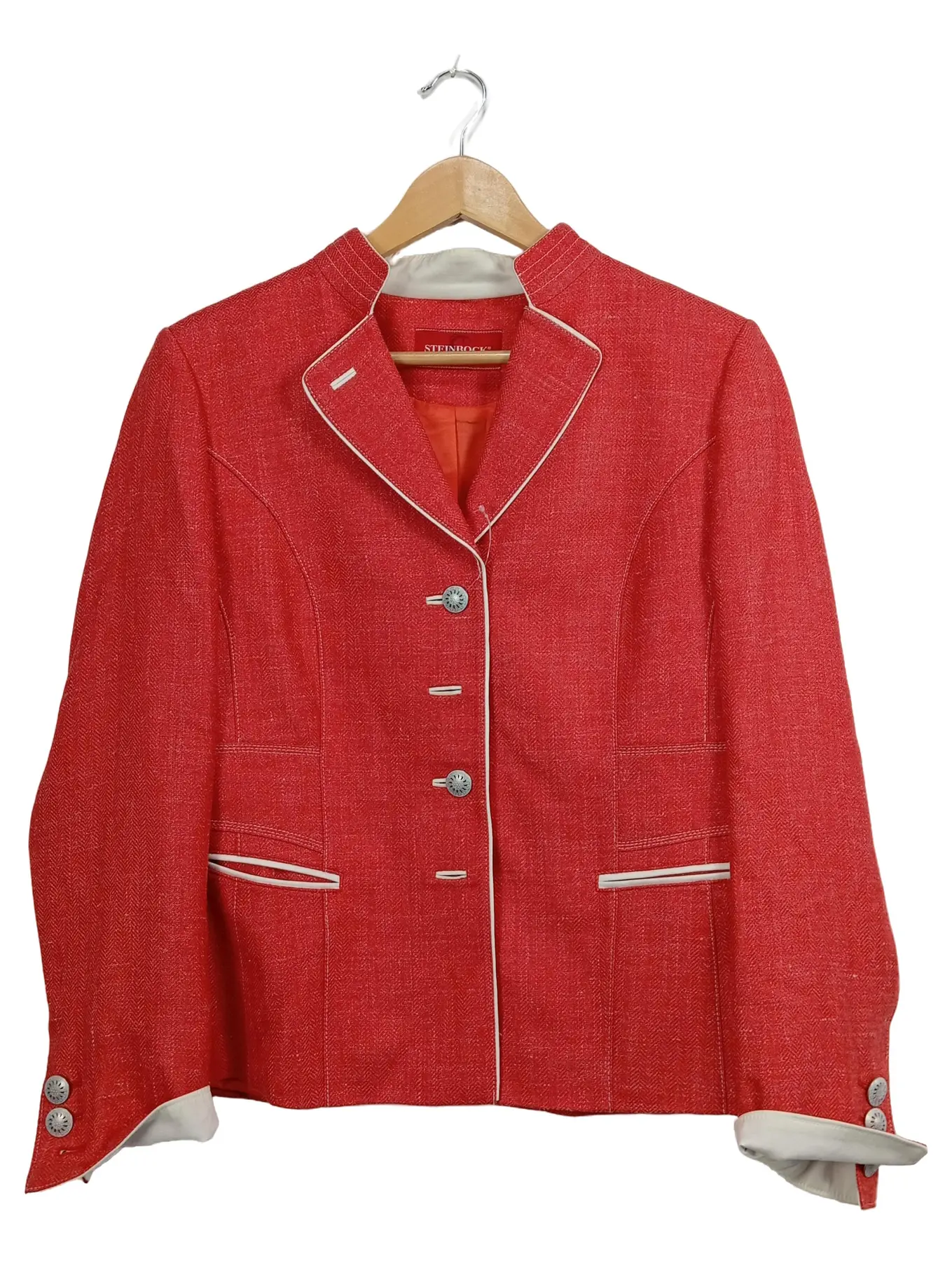 STEINBOCK Blazer Damen Gr. 40 L Rot Seide Leinen Wolle Fischgrätenmuster