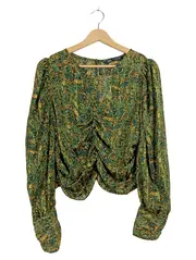 Vorschaubild 1 von Damen Bluse Gr. 42/XL Paisley Raffung Grün Bohemian Langarm