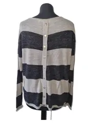 Vorschaubild 2 von Damen Pullover Gr. 38 M Grau Schwarz Gestreift Wolle Leinen Knopfleiste