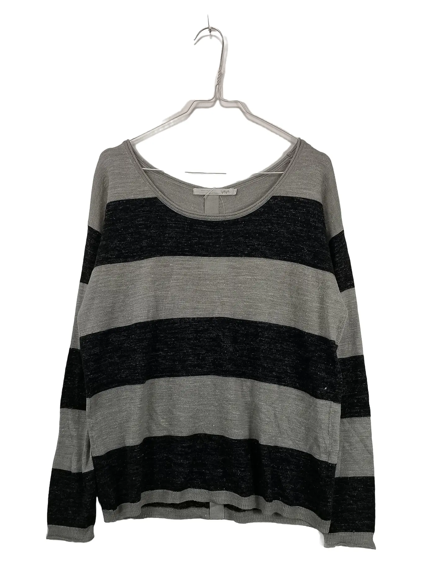 YAYA Damen Pullover Gr. 38 M Grau Schwarz Gestreift Wolle Leinen Knopfleiste