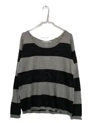 Vorschaubild 1 von Damen Pullover Gr. 38 M Grau Schwarz Gestreift Wolle Leinen Knopfleiste