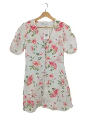 Vorschaubild 1 von Sommerkleid Damen Gr. 36 S Weiß Blumenmuster Leinen Baumwolle Knopfleiste