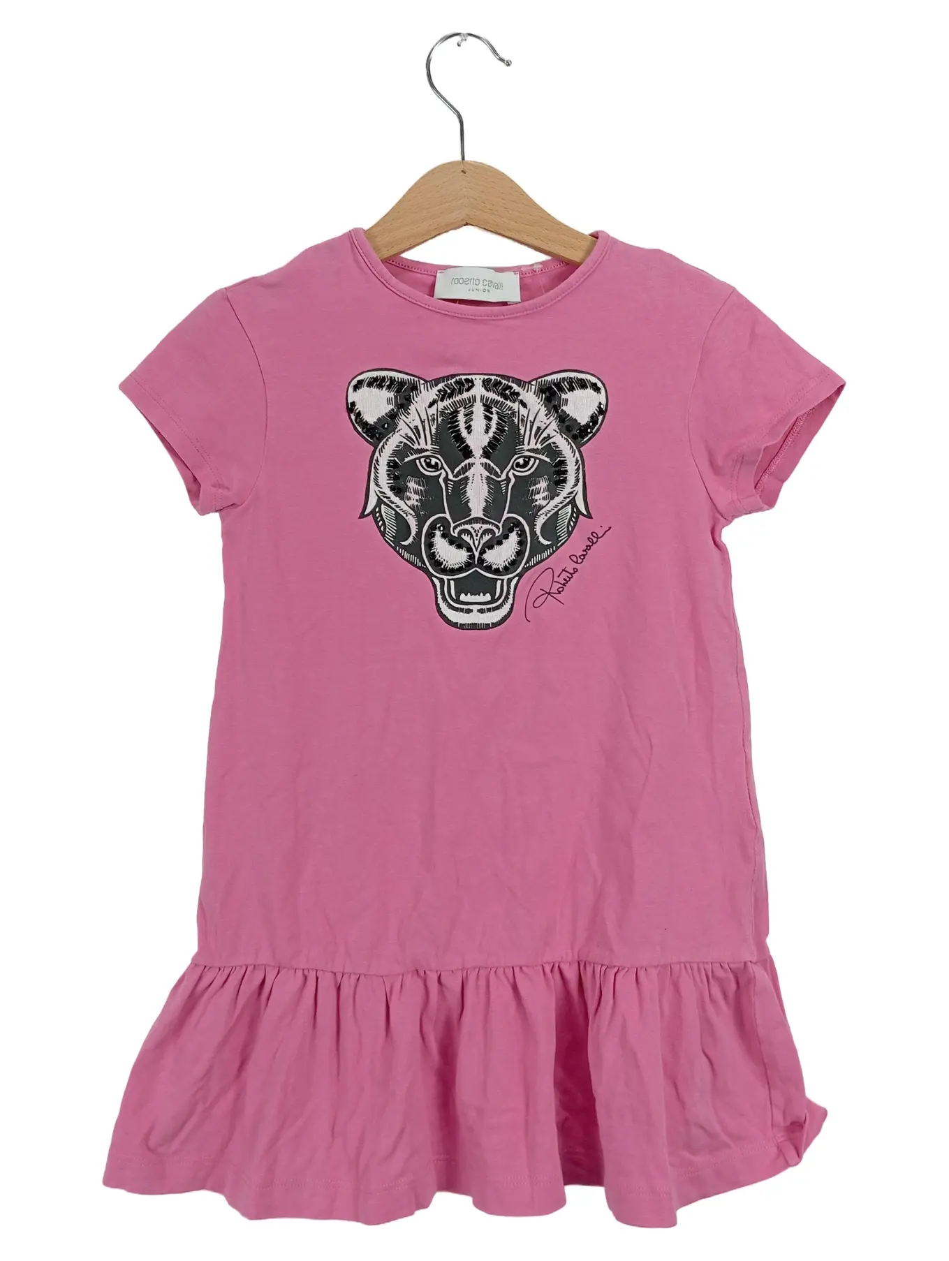 ROBERTO CAVALLI Kinder Kleid Gr. 110 Pink Animal Print Baumwolle Rüschen