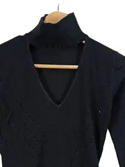 Vorschaubild 4 von Damen Pullover Gr. 34/XS Schwarz Rollkragen Cut-Out Lochmuster Viskose