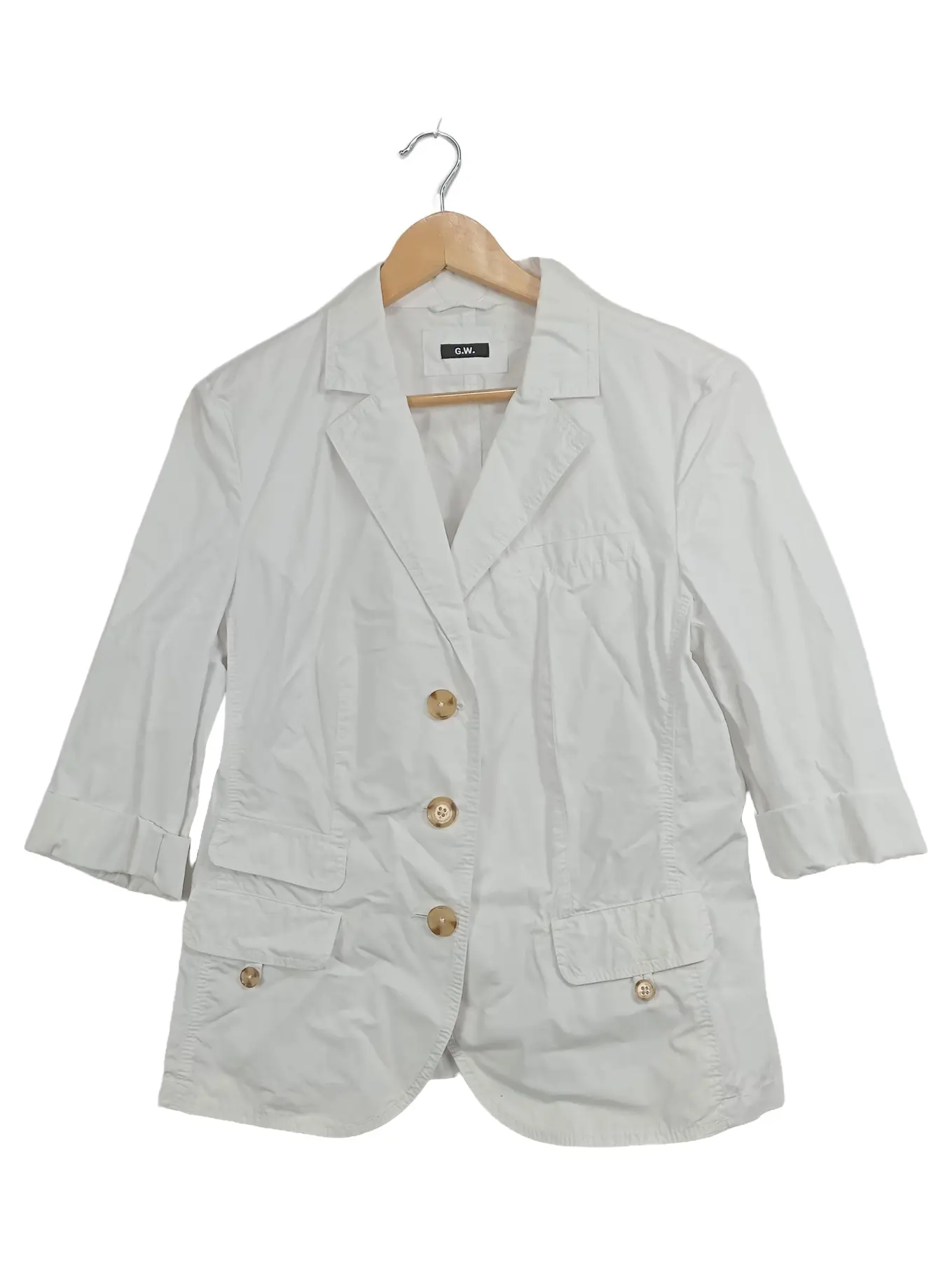 G.W. Damen Blazer Jacke Gr. 40 L Weiß Baumwolle Casual Sommer 3/4 Arm