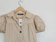Vorschaubild 7 von Blusenkleid Damen Gr. S Beige Puffärmel Stufenkleid Hemdblusenkleid