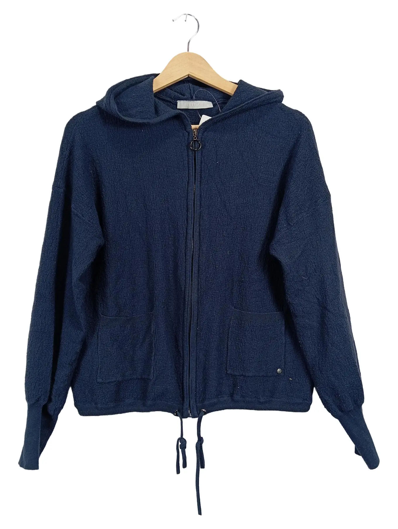 BETTY & CO Strickjacke Damen Gr. 40/L Blau Kapuze Reißverschluss Cardigan