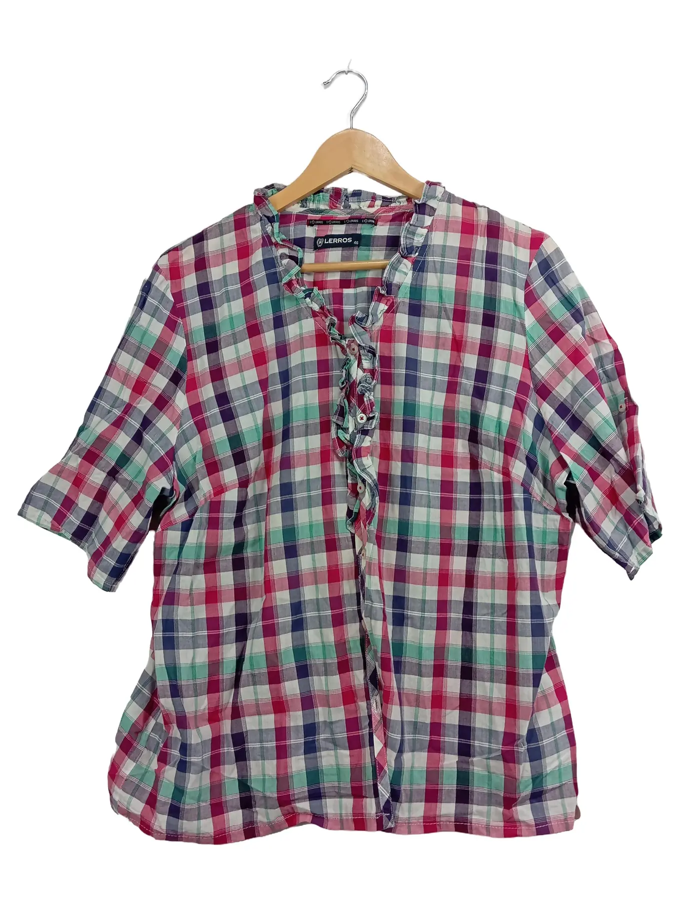 LERROS Damen Hemdbluse kariert Rüschen Baumwolle Einheitsgröße Casual