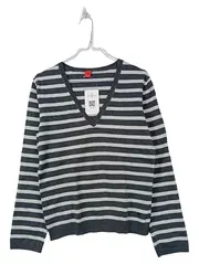 Vorschaubild 1 von Damen Pullover V-Ausschnitt gestreift grau Gr. XL Baumwolle