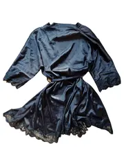 Vorschaubild 2 von Damen Kimono Morgenmantel Spitze Bindeverschluss Schwarz Gr. S
