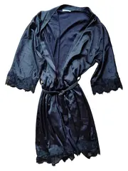 Vorschaubild 1 von Damen Kimono Morgenmantel Spitze Bindeverschluss Schwarz Gr. S