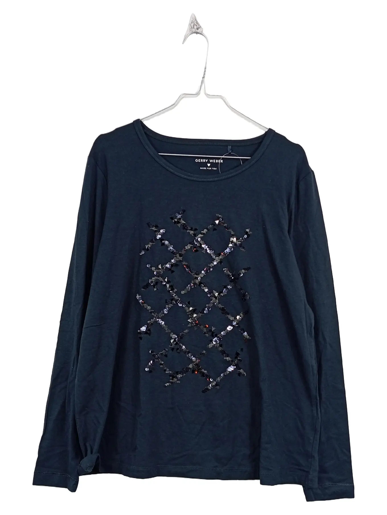 GERRY WEBER Langarmshirt Damen Gr. 44 Blau Pailletten Geometrisch Casual Shirt