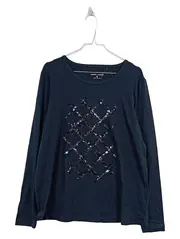 Vorschaubild 1 von Langarmshirt Damen Gr. 44 Blau Pailletten Geometrisch Casual Shirt