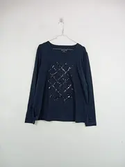 Vorschaubild 2 von Langarmshirt Damen Gr. 44 Blau Pailletten Geometrisch Casual Shirt