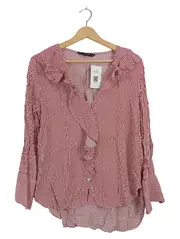 Vorschaubild 1 von Basic Damen Bluse Gr. 40/L Rot Weiß Gestreift Rüschen Langarm