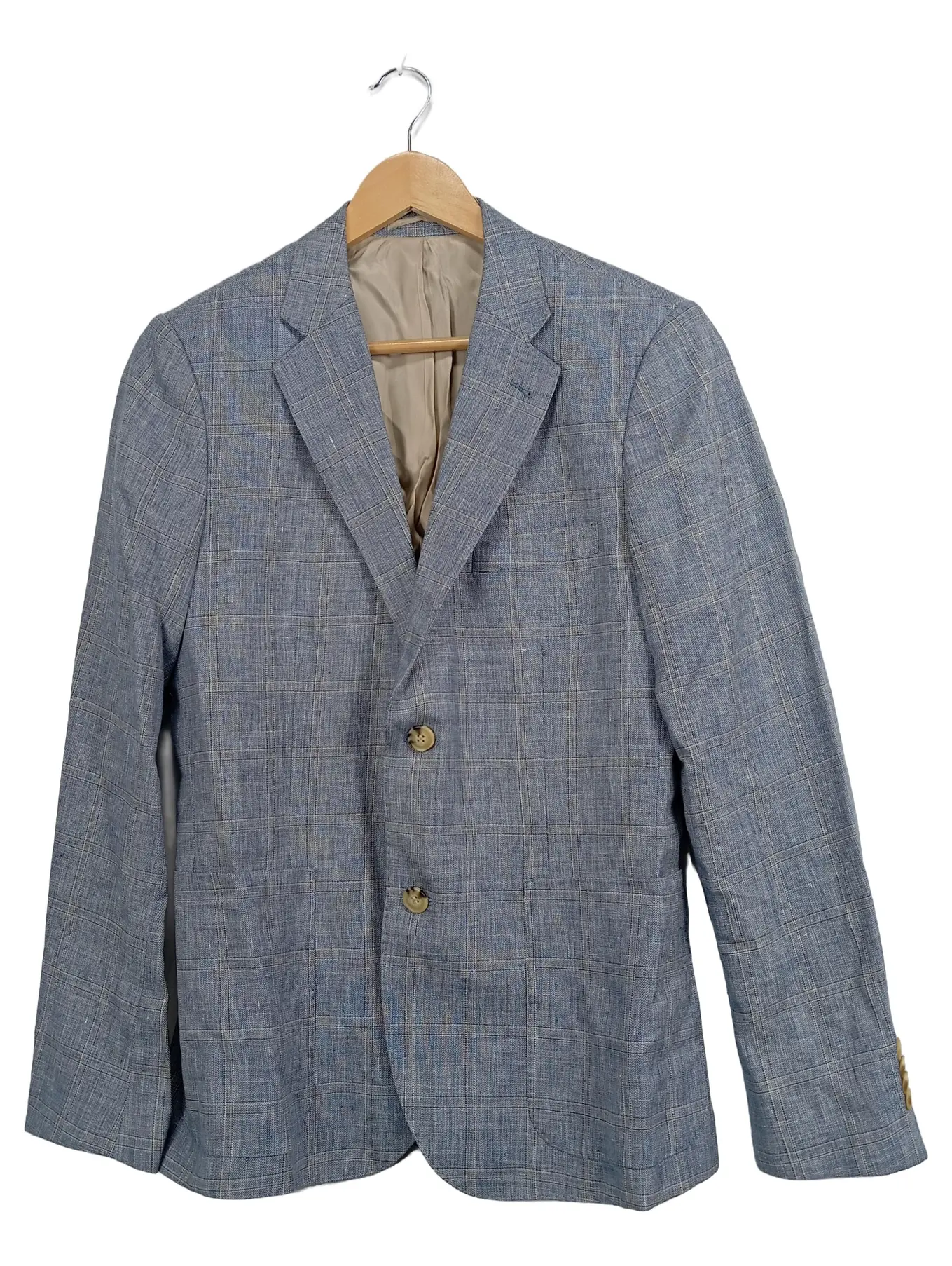 BLÄCK Bläck Sakko Herren Blazer Gr. 46 S Blau Kariert Leinen Wolle Tailored Fit