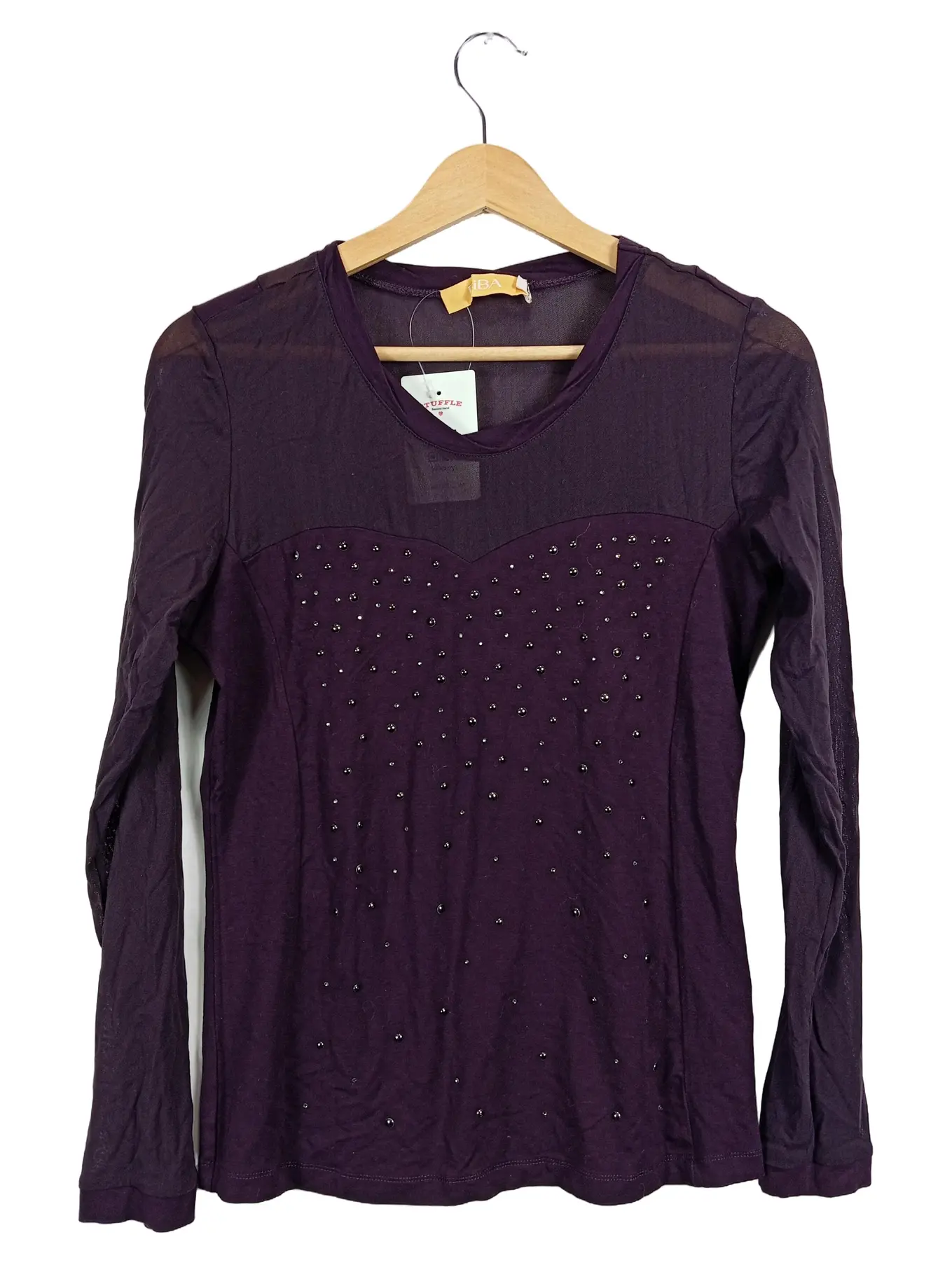 BIBA Damen Langarmshirt Gr. 34/XS Lila Strass Mesh Viskose Elegant Party