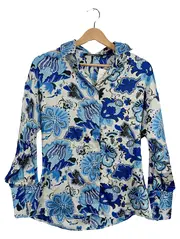 Vorschaubild 1 von Damen Bluse Blumenmuster Blau Weiß Langarm Gr. XS 34