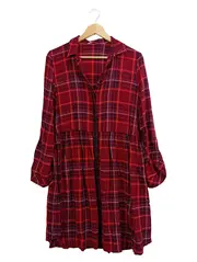 Vorschaubild 1 von Hemdblusenkleid Damen Kariert Rot Viskose Gr. 36 S