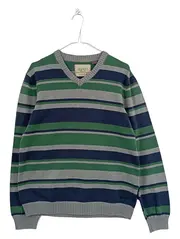 Vorschaubild 1 von Herren Pullover Gr. M V-Ausschnitt Gestreift Baumwolle Blau Grün Grau