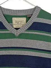Vorschaubild 3 von Herren Pullover Gr. M V-Ausschnitt Gestreift Baumwolle Blau Grün Grau