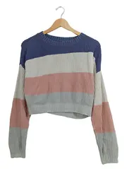 Vorschaubild 1 von Damen Pullover Cropped Strickpullover Gestreift Gr. 34 XS Baumwolle