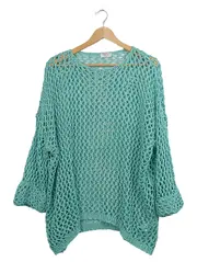 Vorschaubild 1 von Pullover Damen Oversized Lochmuster Strick Langarm Türkis 44