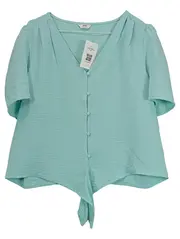 Vorschaubild 1 von Damen Bluse Türkis V-Ausschnitt Knoten Gr. L Kurzarm