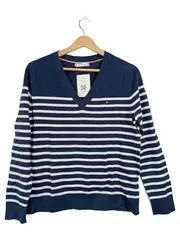 Vorschaubild 1 von Pullover Damen Gr. 38 M Blau Gestreift V-Ausschnitt Casual